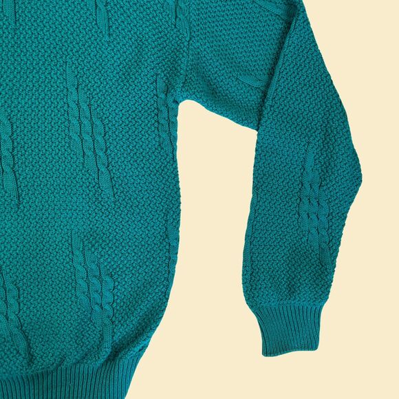 1980s Jantzen sweater, size L teal blue knit vintage 70s sweater w/ crew neck - Picture 5 of 8